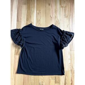 Express Black Eyelet Drop Ruffle Sleeve Cotton Shirt Crewneck Woman (size S)